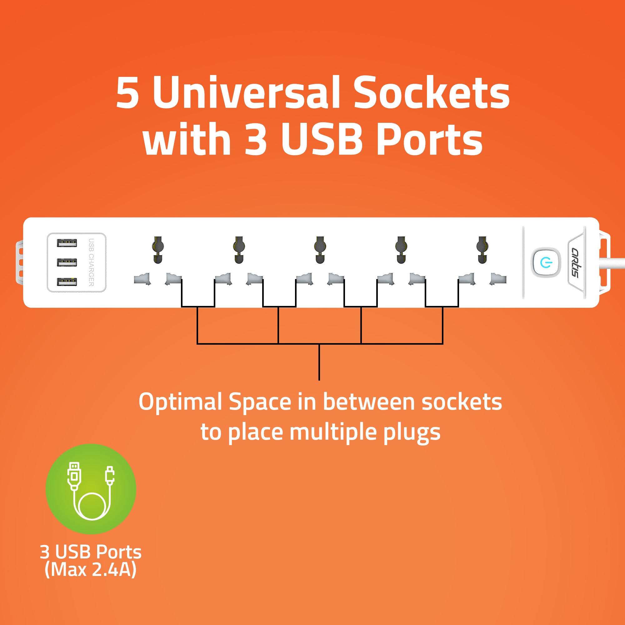 AR-5SS-USB 5 Universal Sockets Surge Protector & 3 USB with Single Switch