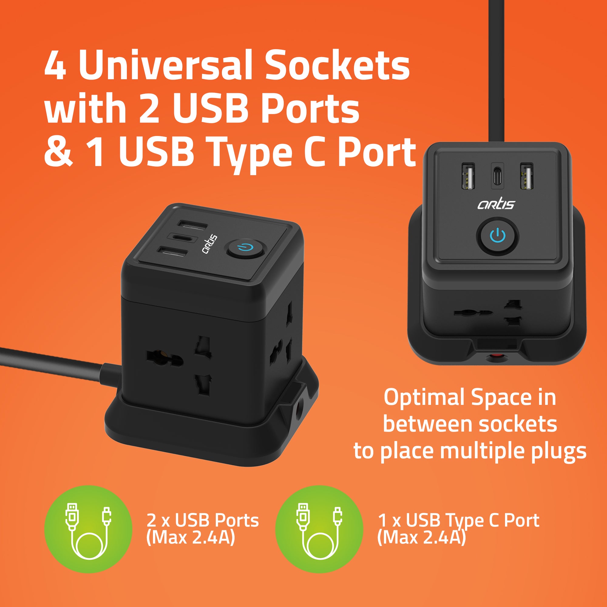 AR-4SS-3USBCB 4 Universal Sockets With 2 USB Ports & 1 USB Type C Port Surge Protector (Black)