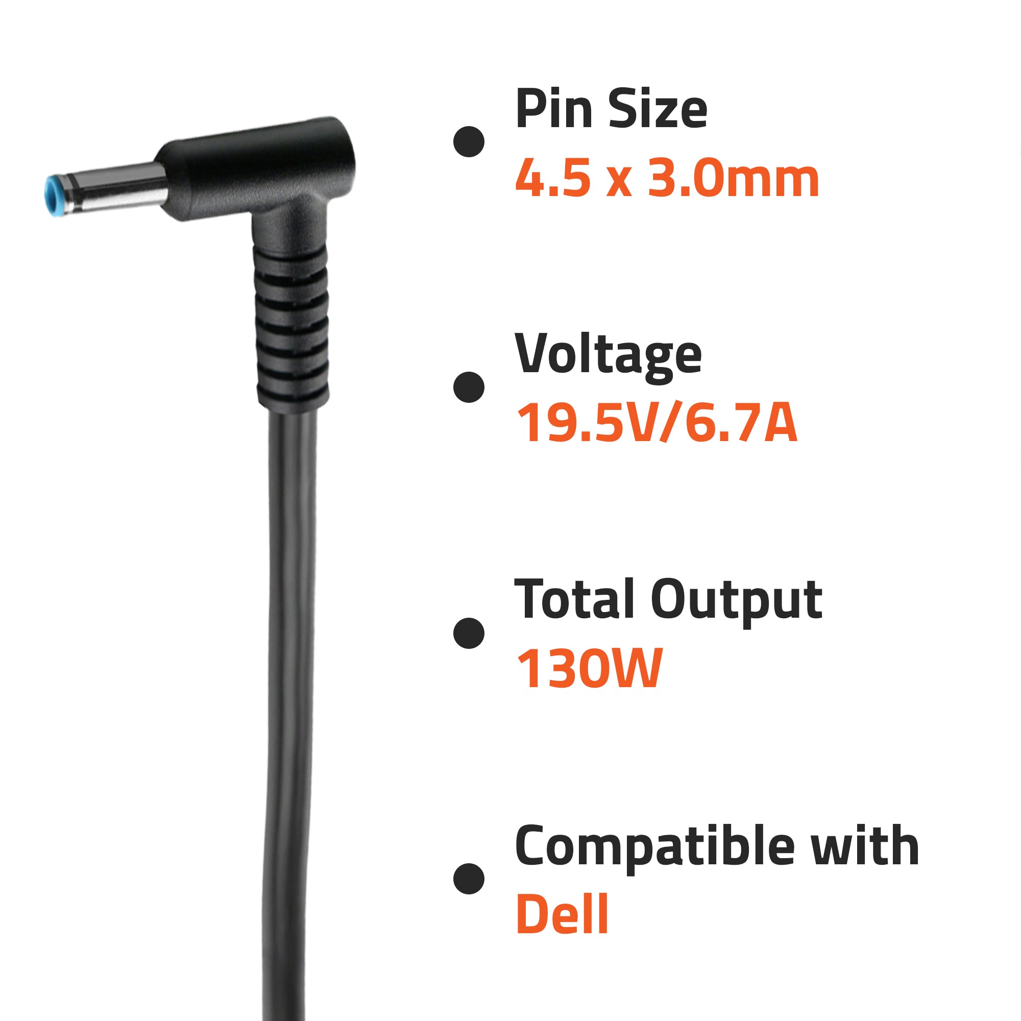 AR1201 130 Watt Laptop Charger/Adapter with Power Cord Compatible with Dell Laptops (19.5V/6.7A, Pin: 4.5 x 3.0 mm)