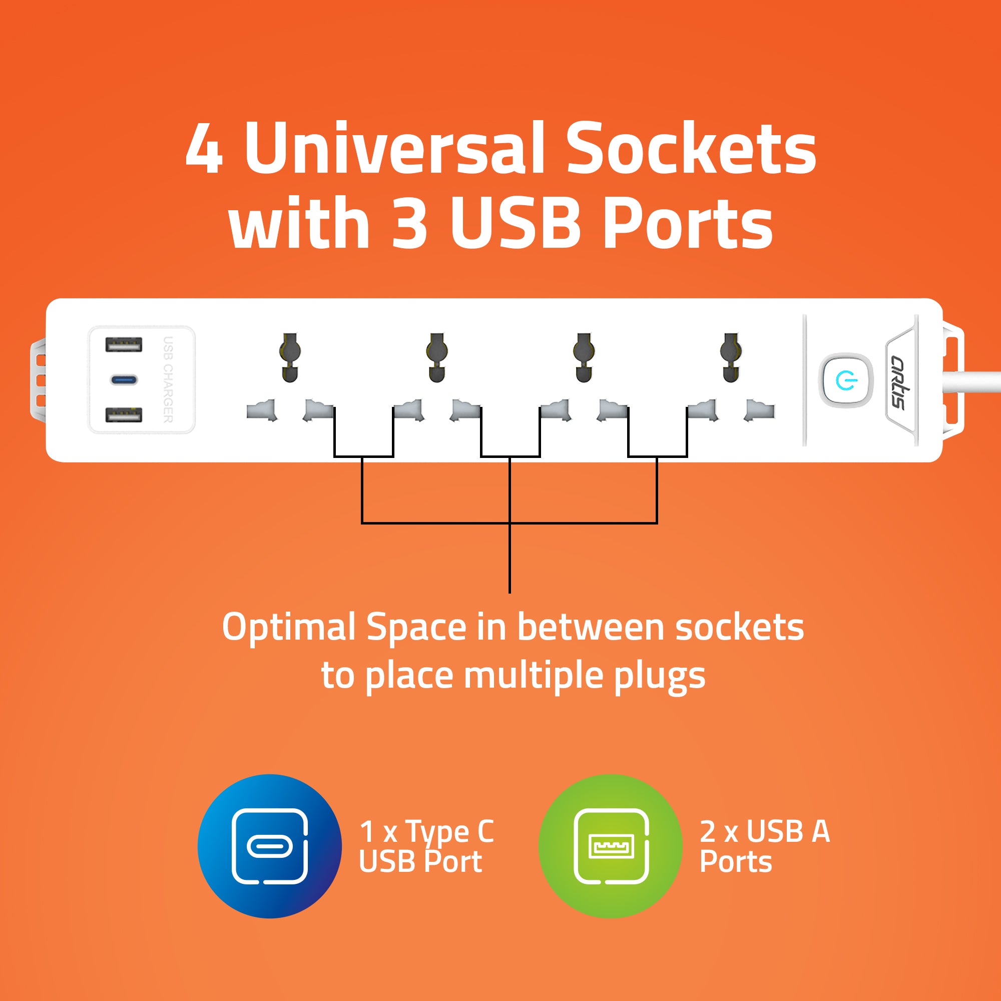 AR-4SS-USB 4 Universal Sockets with 2 USB-A & USB-C Port single switch surge protector (White, 2 m)