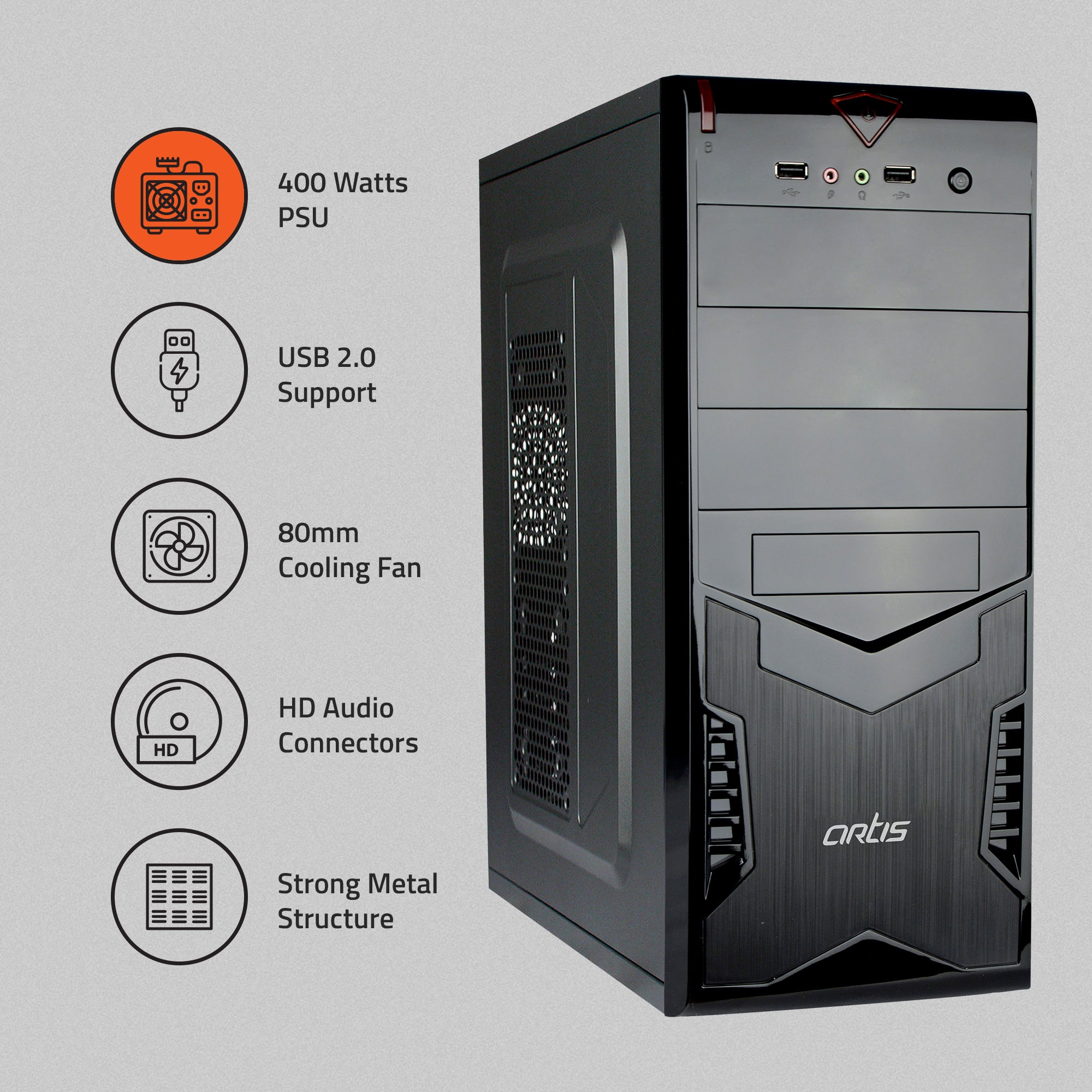 Spark 2.0 Computer Cabinet Support Full ATX/ Micro ATX Motherboard, 1 x 80mm Fan with 400W  Power Supply