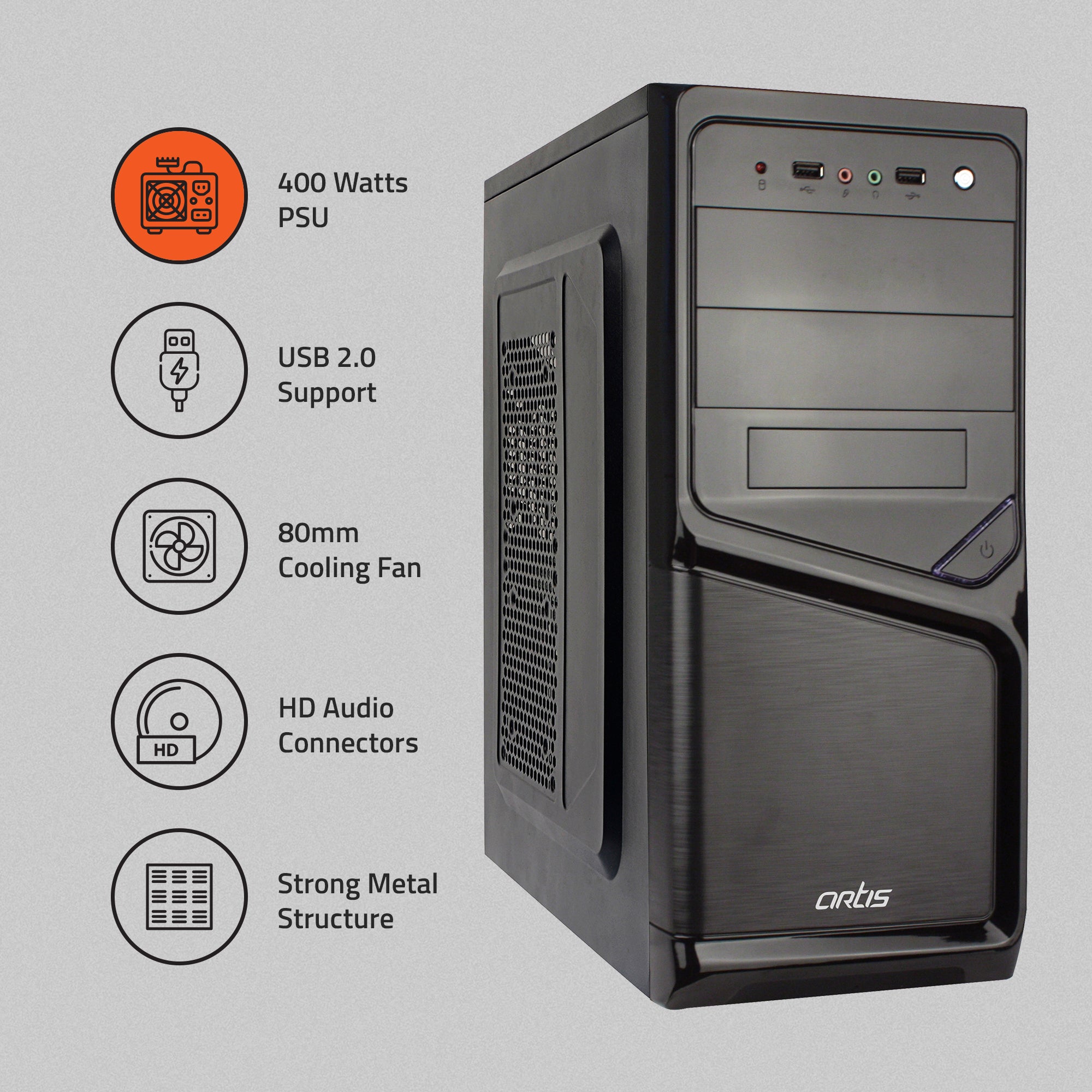 ZEAL 2.0 Computer Cabinet Support Full ATX/ Micro ATX Motherboard, 1 x 80mm Fan with 400W Power Supply