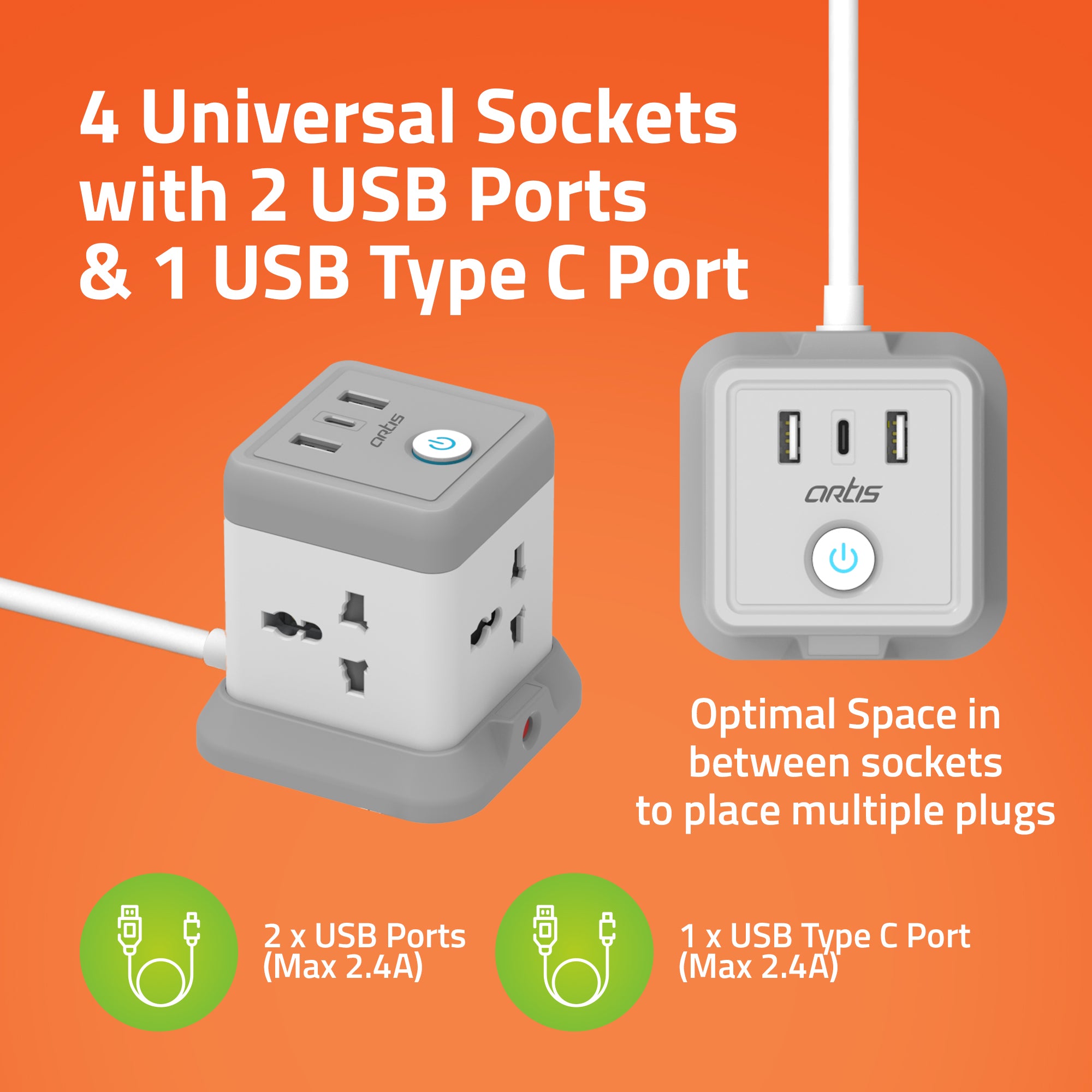 AR-4SS-3USBCB Surge Protector (Grey )