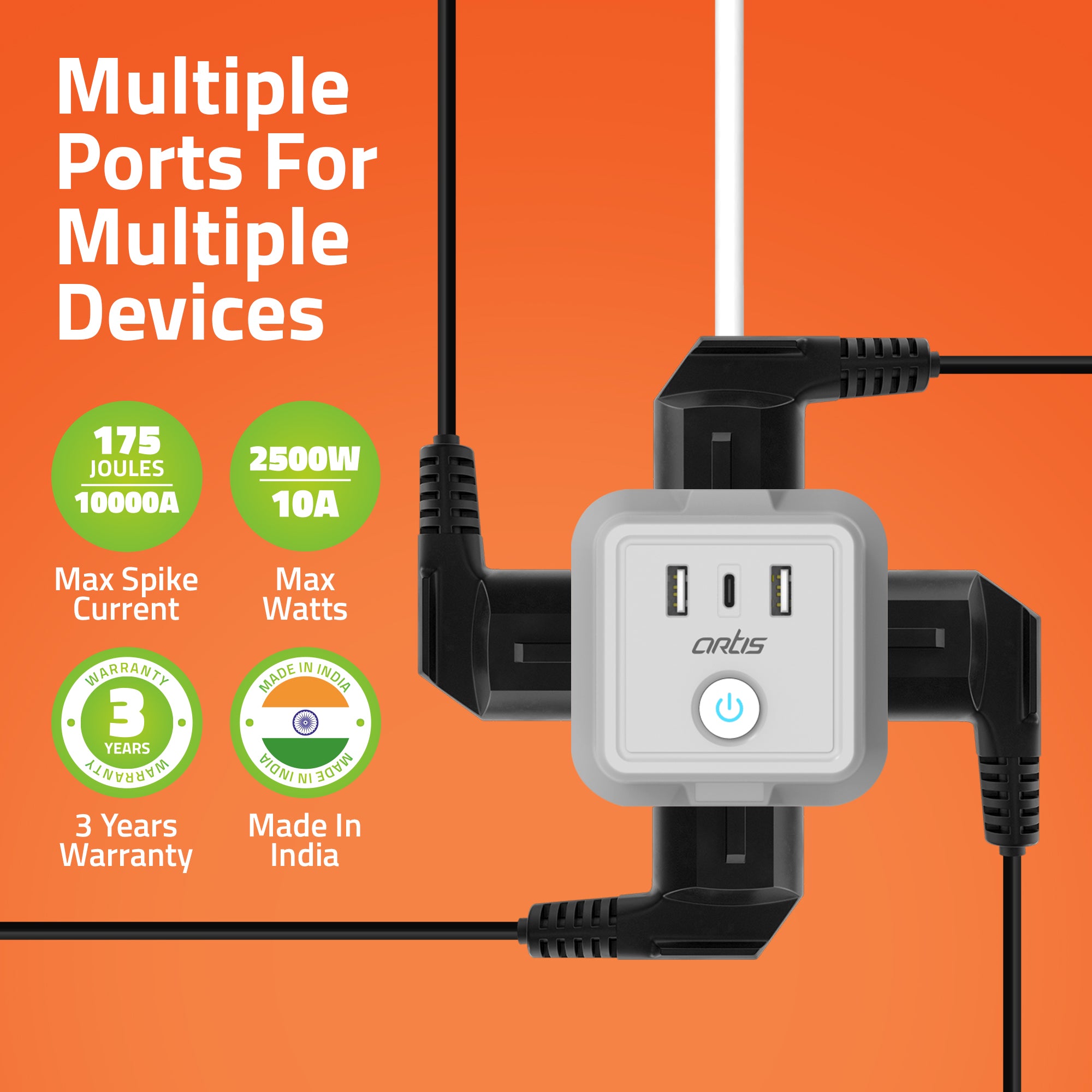 AR-4SS-3USBCB Surge Protector (Grey )