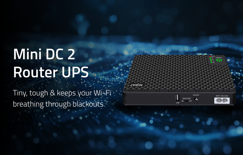 AR-MINIDC-2 Mini UPS for WiFi Router/Modem/Set top Box Devices. 8800mAh Battery. Supports 9V/12V-1A/1.5A/2A Routers. USB Port Phone Charging. Battery Level Indicator. BIS Certified