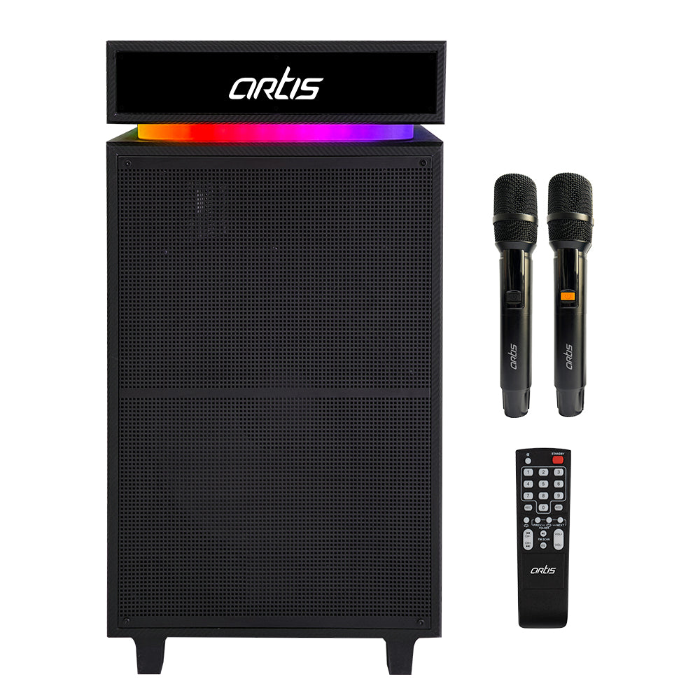 SoundMax 1501 Wireless Bluetooth Party Speaker with RGB LED Lights FM/ TWS/USB/TF Card/AUX Input/Guitar Input/Wireless Mic & Wireless Remote (240W RMS Output) (Black)