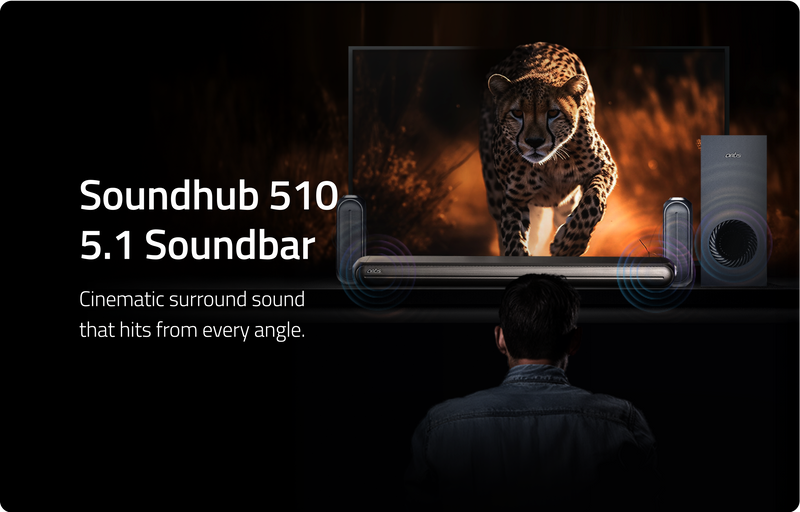SoundHub 510 500W 5.1 Channel wireless Bluetooth Sound bar with wired Subwoofer & 2 Satellite speaker, 3 EQ Presets, 5 Driver units & Input Modes: Bluetooth/HDMI(ARC)/AUX in/COAXIAL/OPTICAL/USB Input/Subwoofer input/ Satellite input