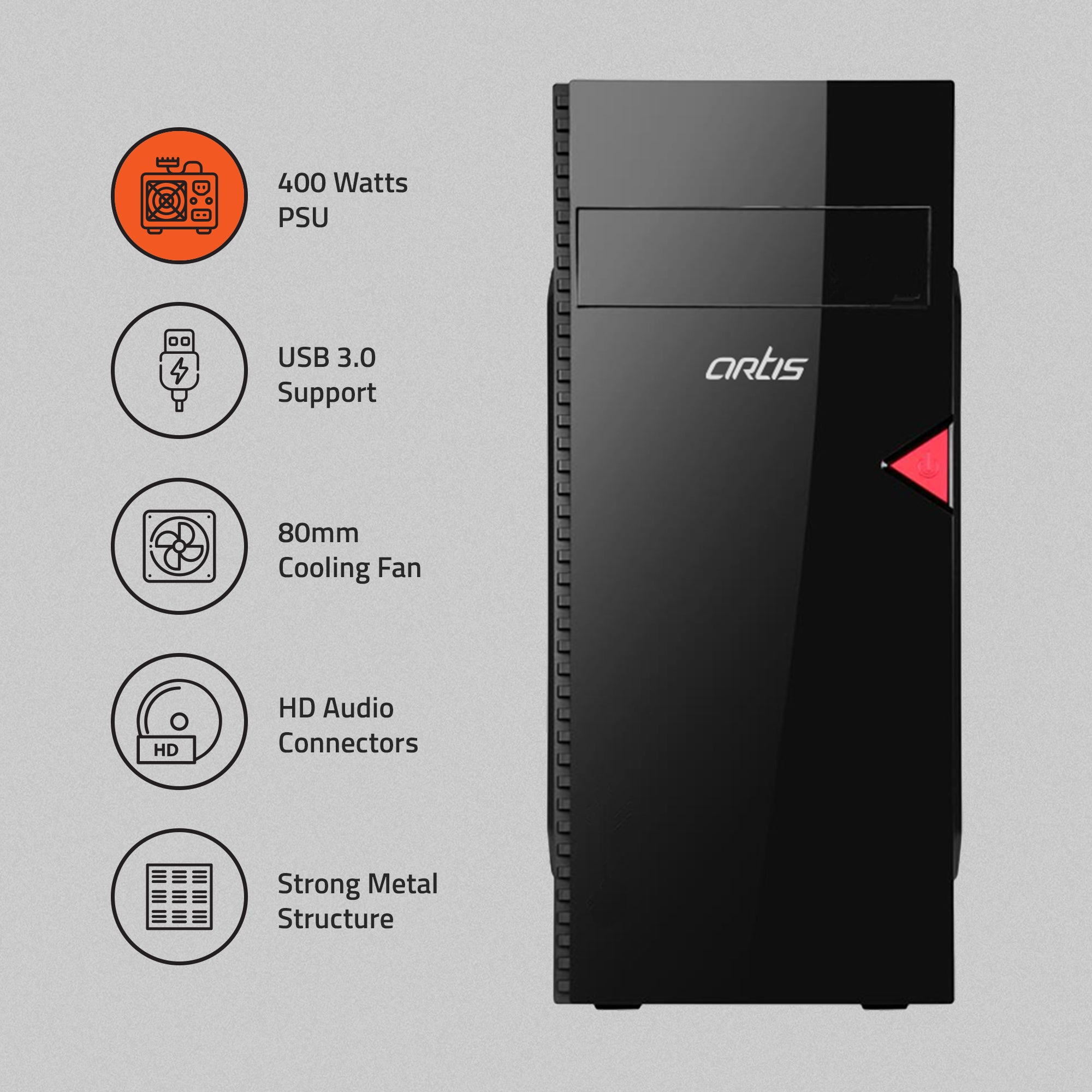 Delight 3.0 Computer Cabinet Support Full ATX/ Micro ATX Motherboard,1 x 80mm Fan with 400W Power Supply