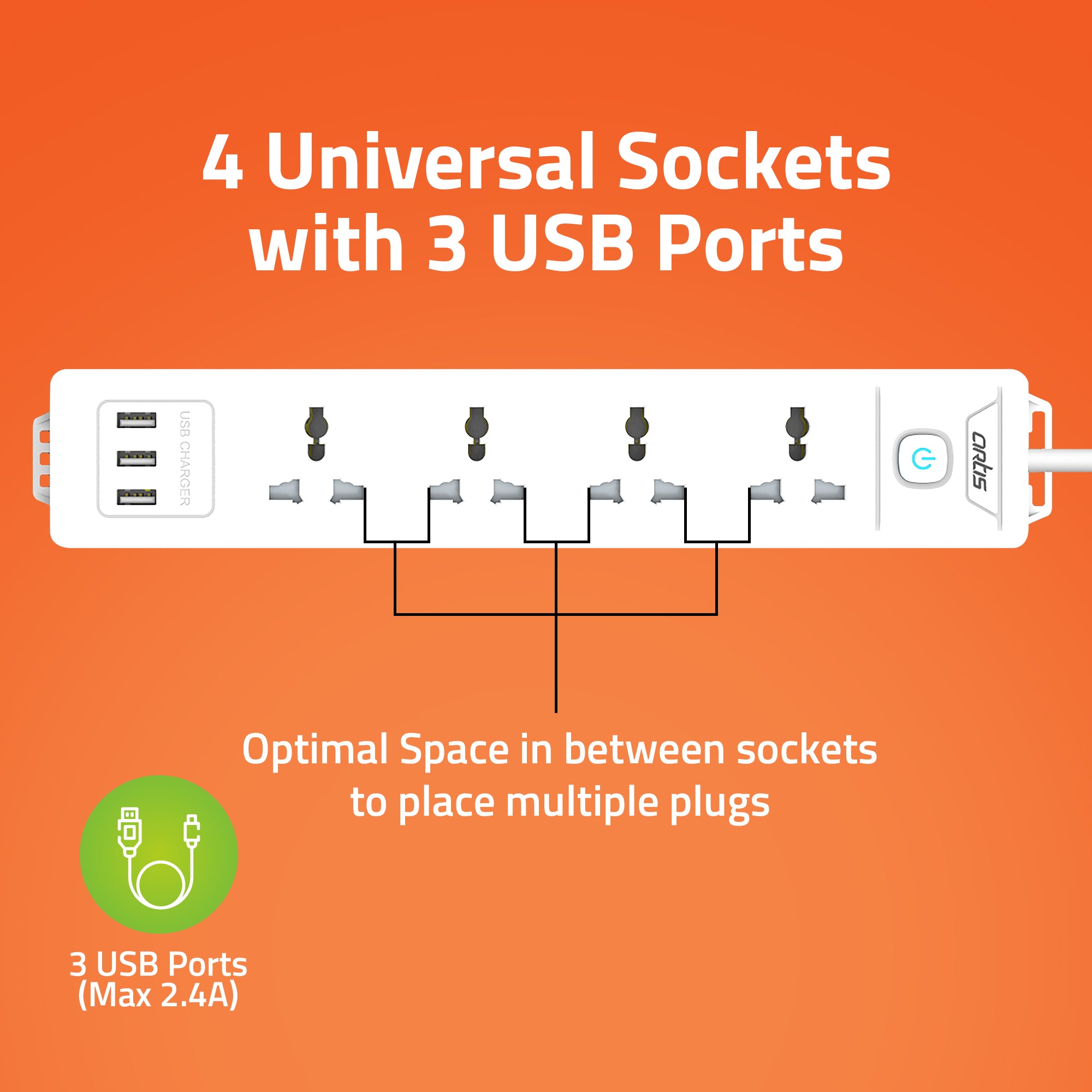 AR-4SS-USB 4 Universal Sockets Surge Protector & 3 USB with Single Switch