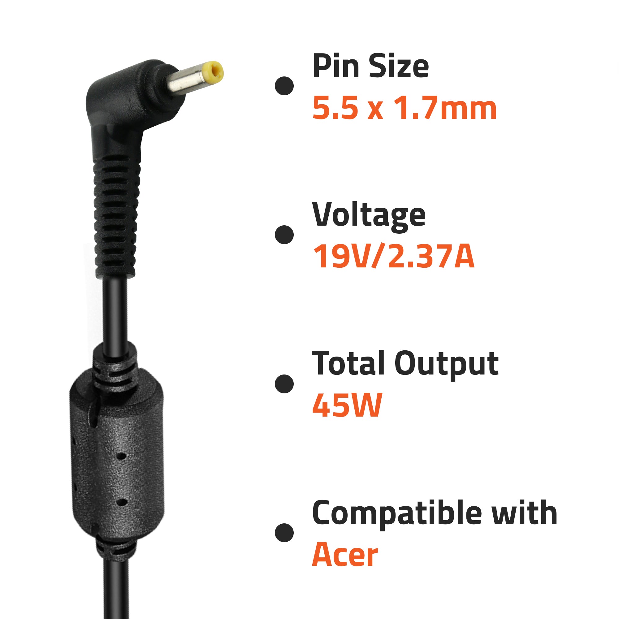 A0405 45Watt Laptop Adapter Compatible with Acer Laptops (19V/2.37A ,Pin: 5.5 x 1.7mm)