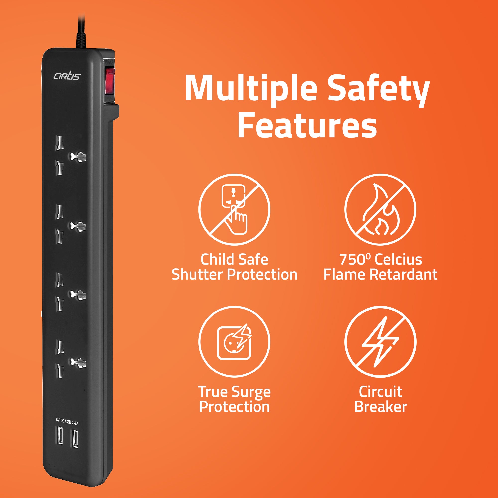 AR-4SSU-CB 4 Universal Sockets & 2 USB Surge Protector with Single Switch
