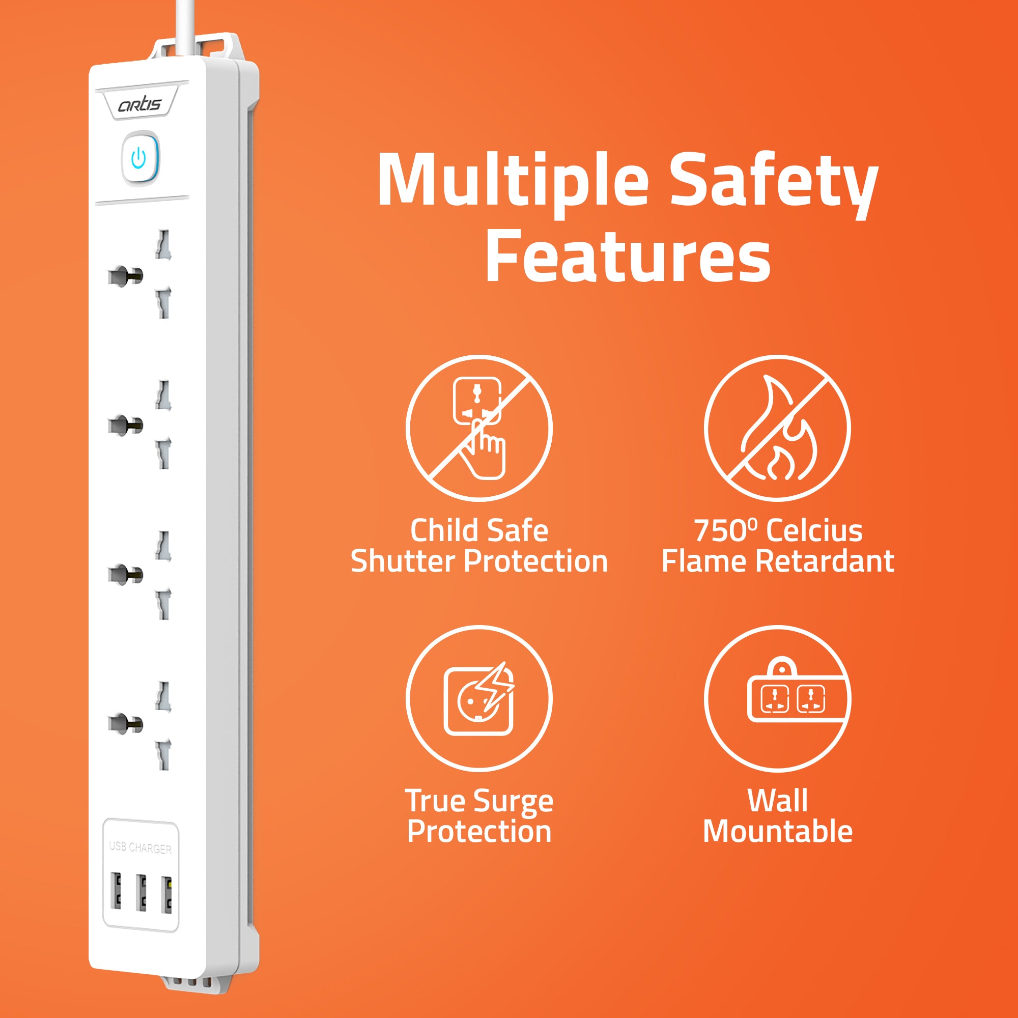 AR-4SS-USB 4 Universal Sockets Surge Protector & 3 USB with Single Switch