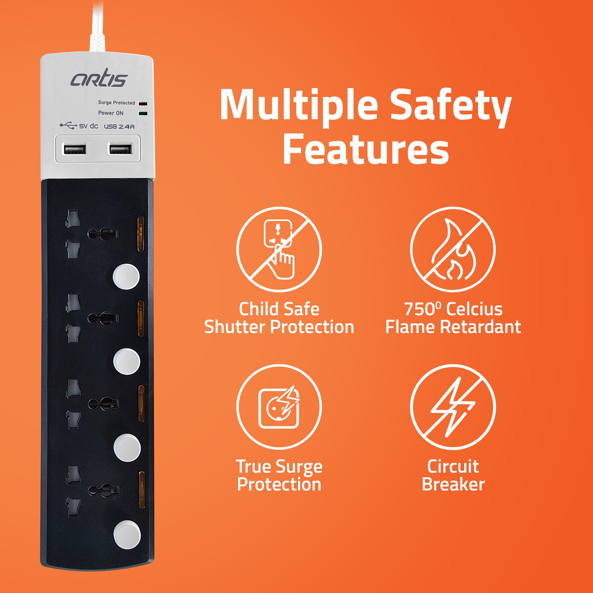 AR-4MSU-CB 4 Universal Sockets & 2 USB Surge Protector with Individual Switch (Black)