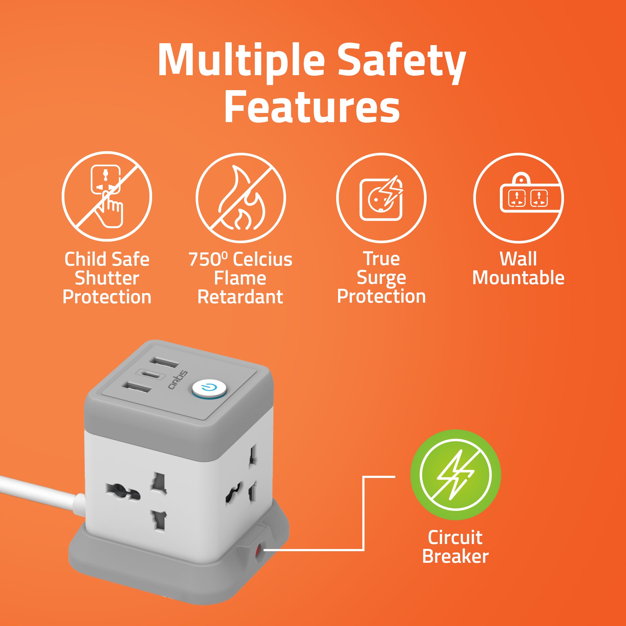 AR-4SS-3USBCB 4 Universal Sockets with 2 USB Ports & 1 USB Type C Port Surge Protector