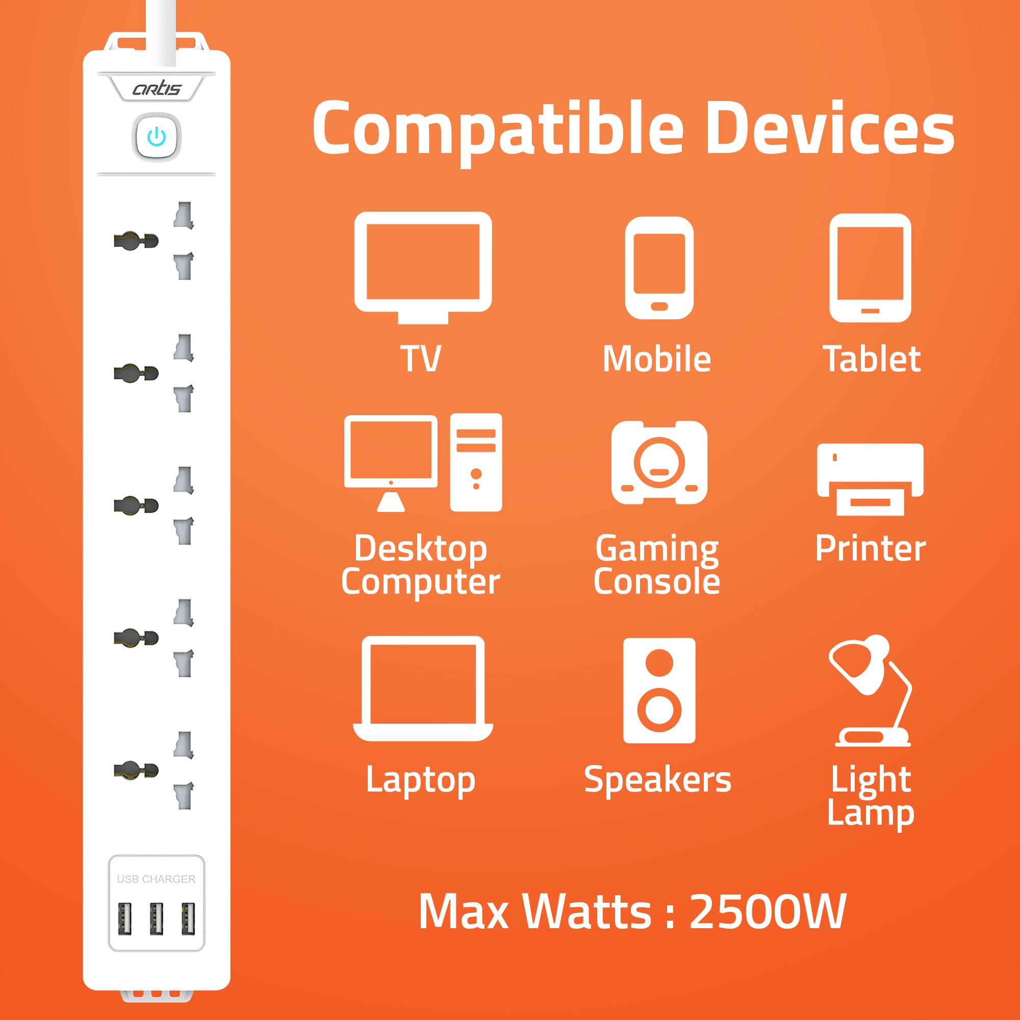 AR-5SS-USB 5 Universal Sockets Surge Protector & 3 USB with Single Switch