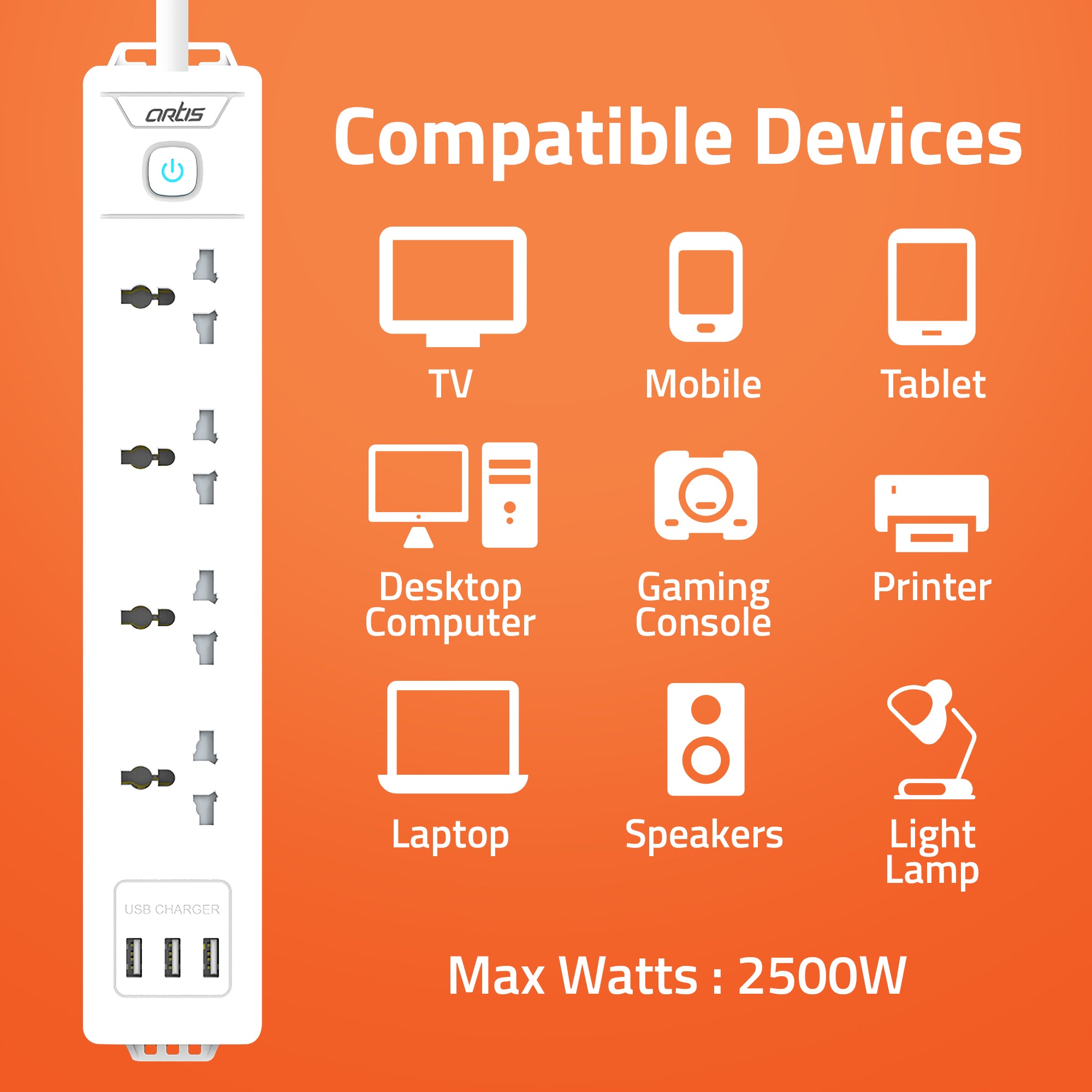 AR-4SS-USB 4 Universal Sockets Surge Protector & 3 USB with Single Switch