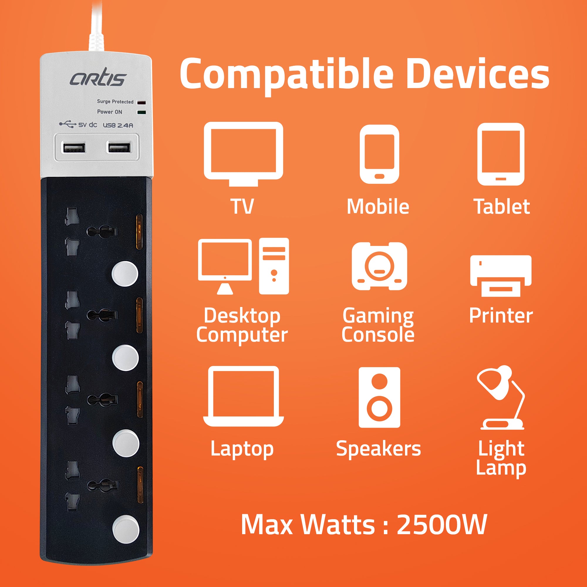 AR-4MSU-CB 4 Universal Sockets & 2 USB Surge Protector with Individual Switch (Black)