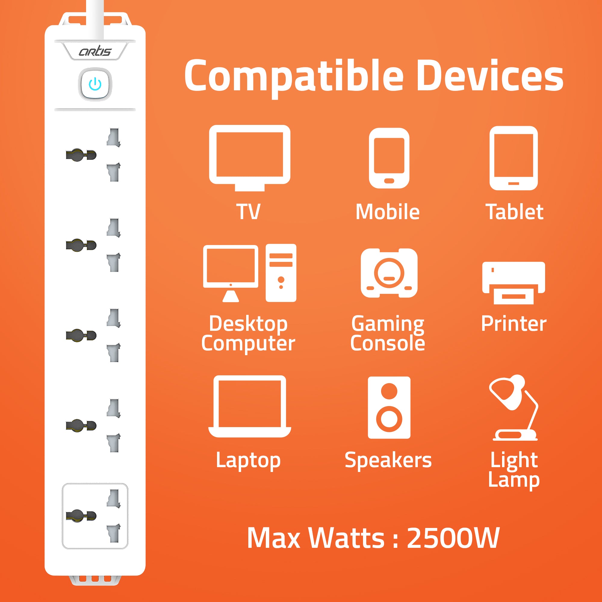 AR-5SS 5 Universal Sockets Surge Protector with Single Switch