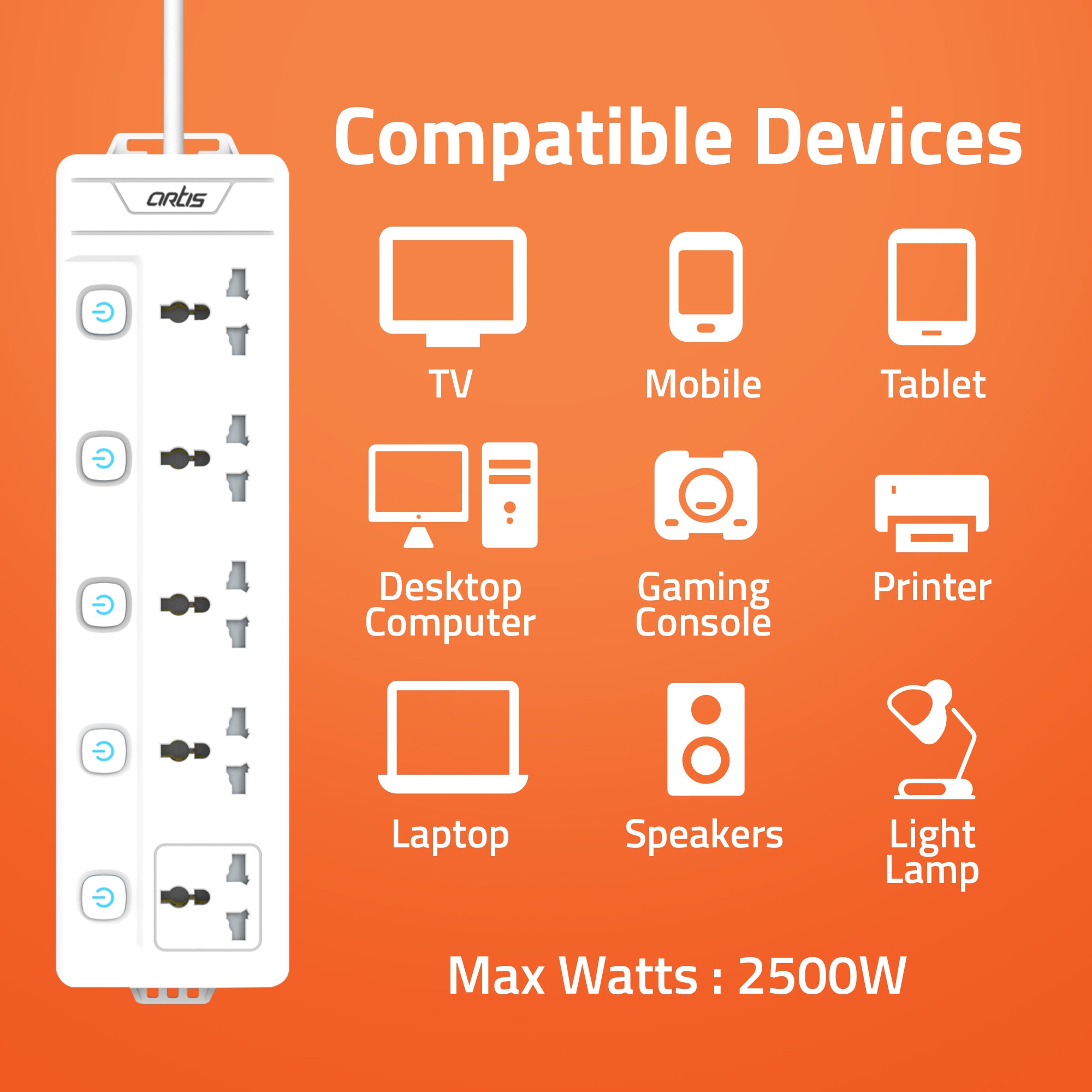 AR-5MS 5 Universal Sockets with Multi Switch Surge Protector