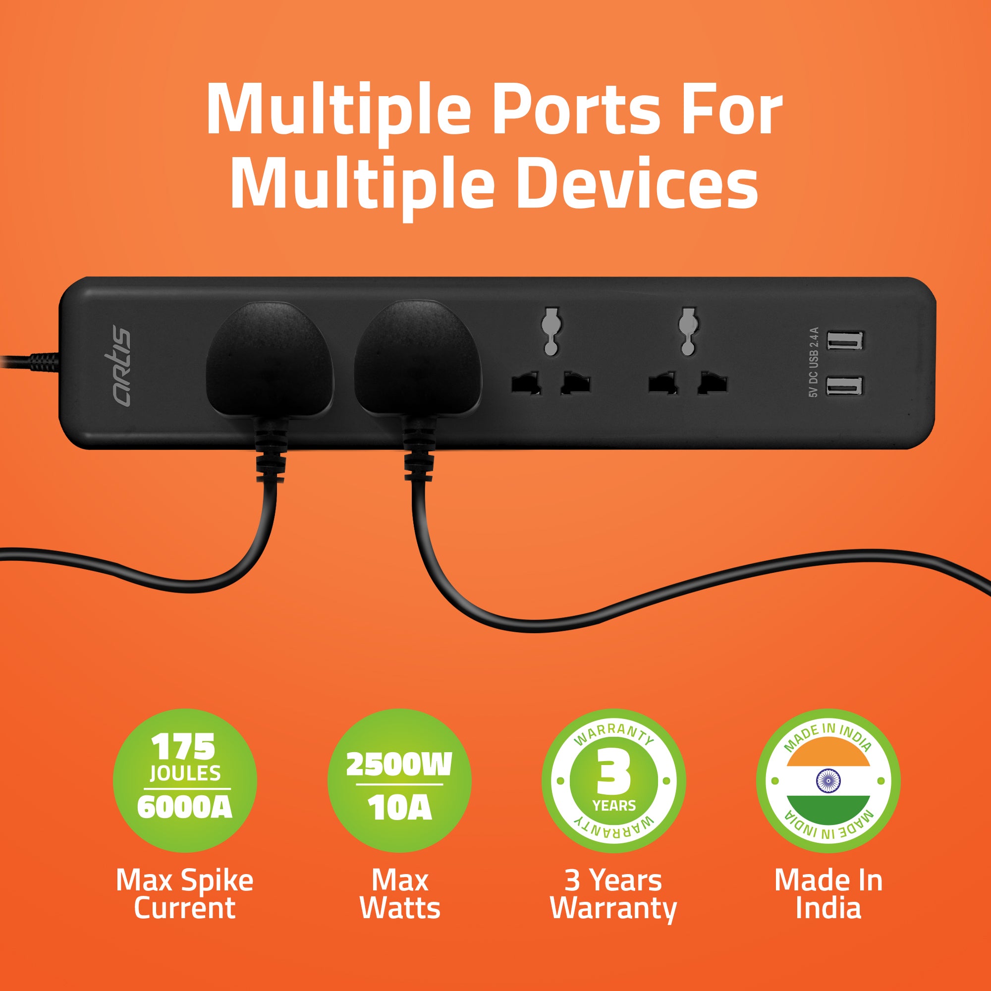 AR-4SSU-CB 4 Universal Sockets & 2 USB Surge Protector with Single Switch